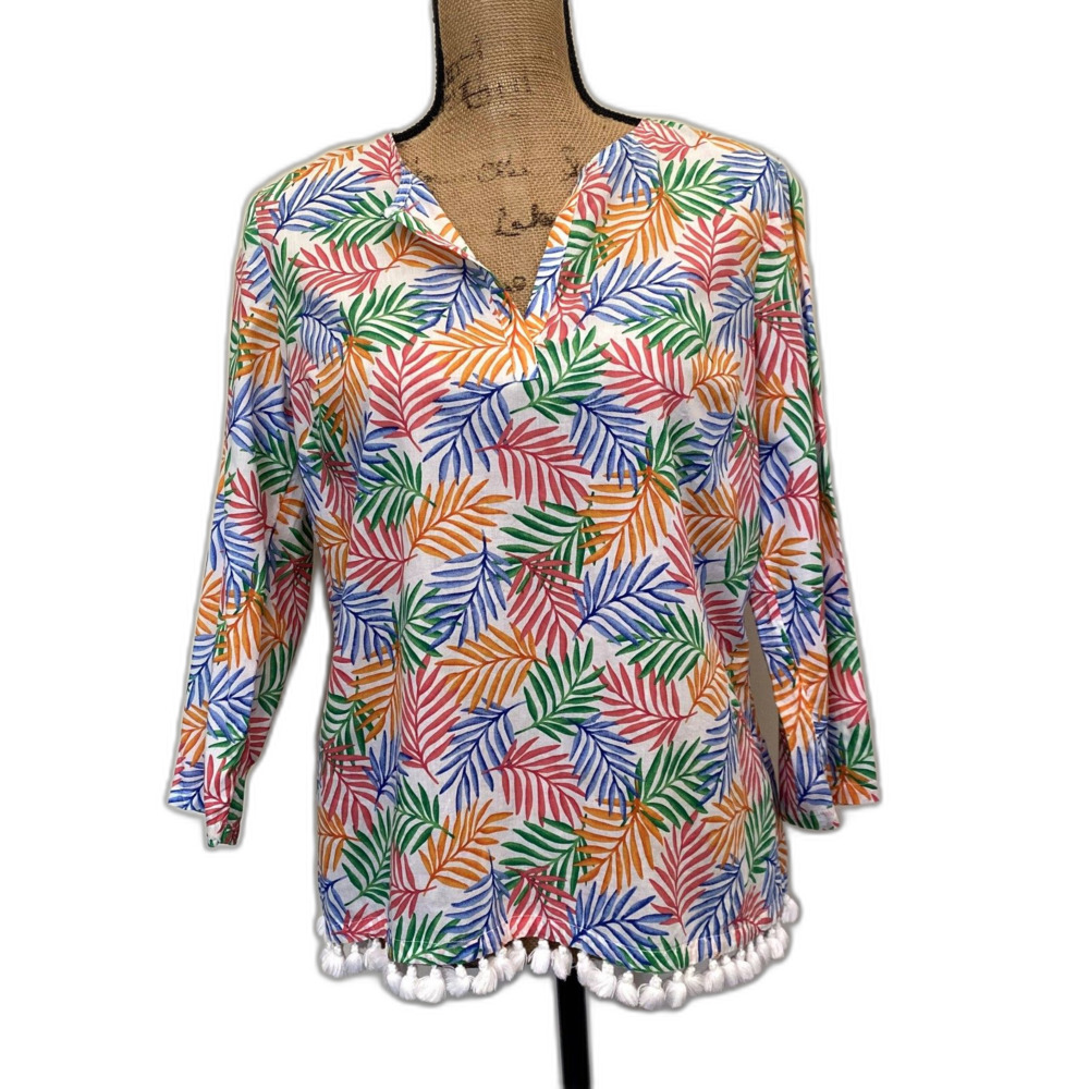 Talbots Multicolor Palm Print‎ Popover Blouse Tassel Hem Tropical Size Petite XS